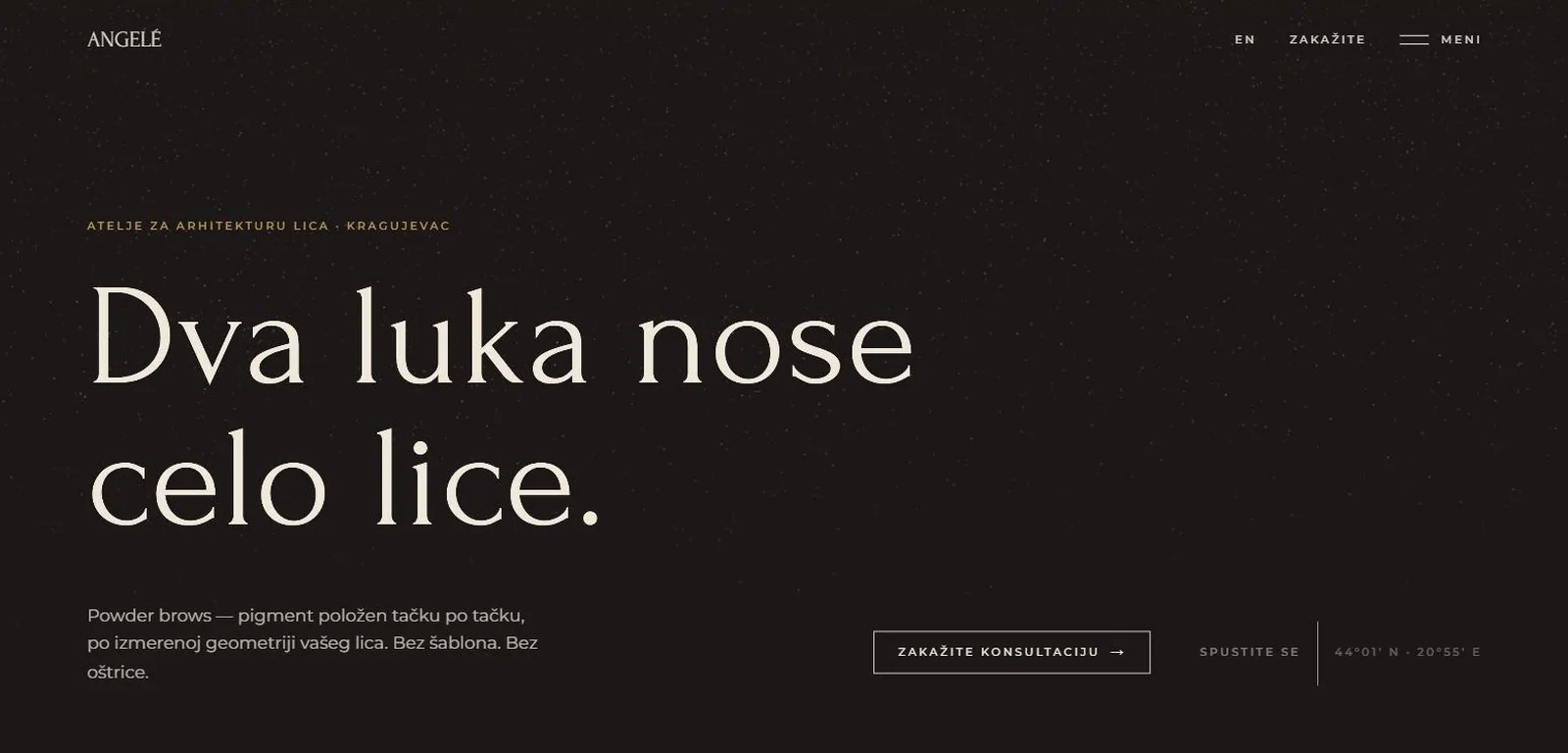 Naslovna sajta Angelé Beauty Studio — tamna podloga, naslov „Dva luka nose celo lice“ i dugme za zakazivanje konsultacije.