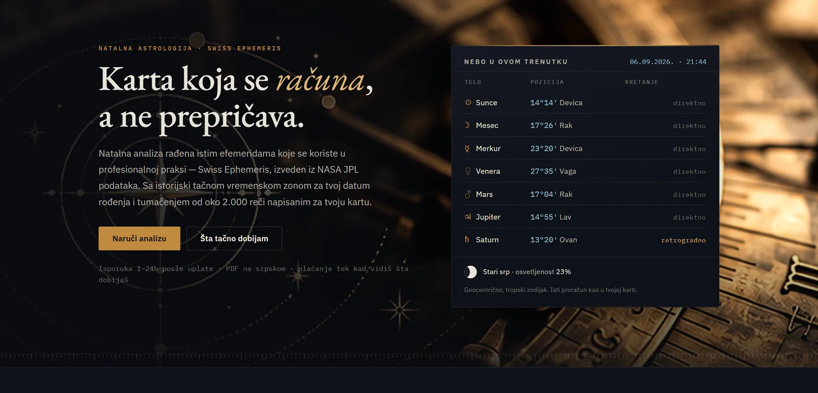 Naslovna sajta Atrekeia — tamna podloga, naslov „Karta koja se računa, a ne prepričava“ i tabela sa trenutnim pozicijama Sunca, Meseca i planeta.