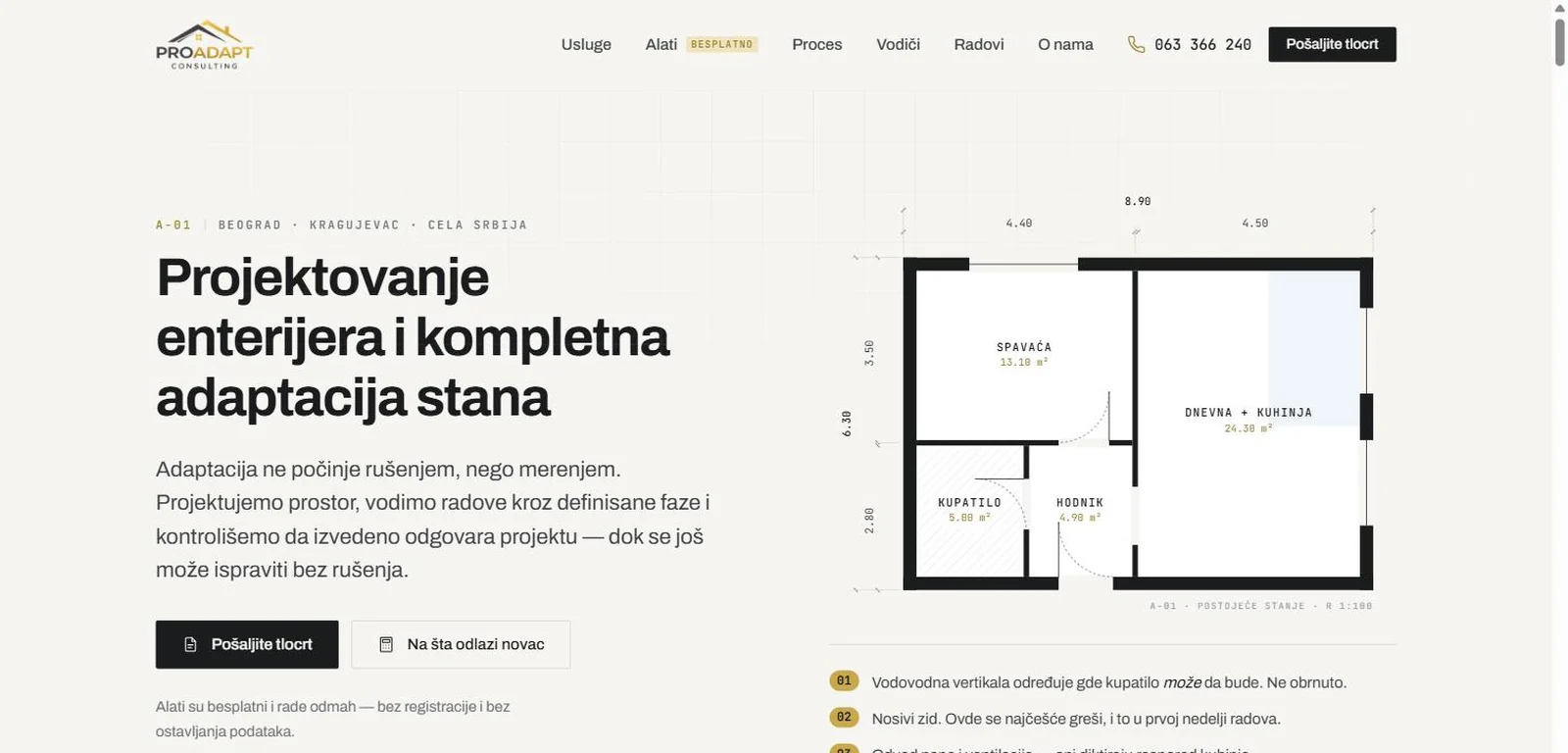 Naslovna sajta ProAdapt Consulting — tehnički crtež tlocrta stana sa kotama, naslov „Projektovanje enterijera i kompletna adaptacija stana“ i dugme za slanje tlocrta.